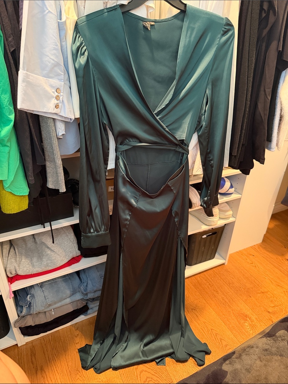 SHEIN Emerald Satin Wrap Maxi Dress